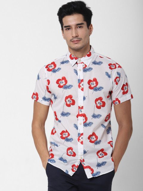 

SELECTED Men White Slim Fit Floral Printed Organic Cotton Casual Shirt