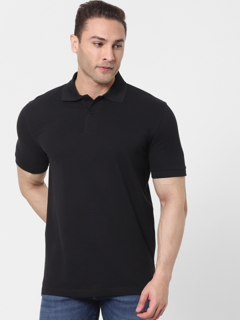 

SELECTED Men Black Solid Organic Cotton Polo Collar T-shirt