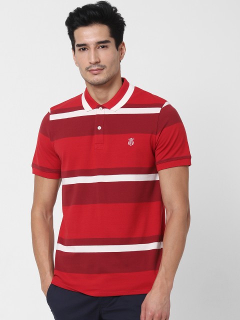 

SELECTED Men Rust Orange & White Striped Polo Collar T-shirt