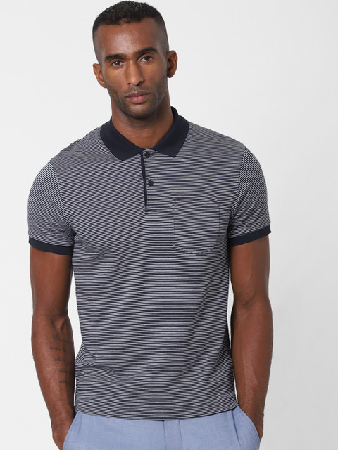

SELECTED Men Navy Blue White Striped Polo Collar Organic Cotton T-shirt
