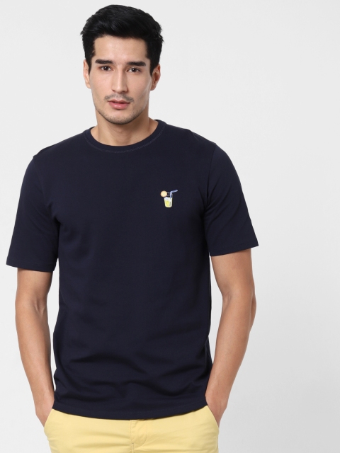 

SELECTED Men Navy Blue Solid Round Neck Organic Cotton T-shirt with Embroidered Detail
