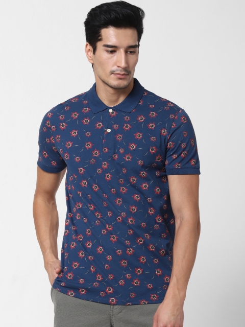 

SELECTED Men Navy Blue Maroon Printed Polo Collar Organic Cotton T-shirt
