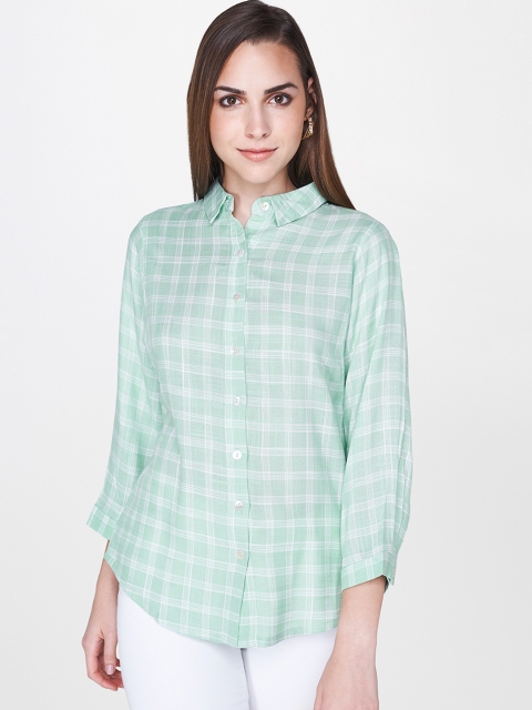

AND Women Green & White Tartan Checks Opaque Casual Shirt