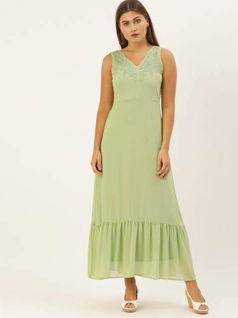 

AND Women Green Embroidered A-Line Dress