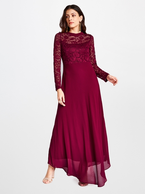 

AND Purple Solid Ethnic A-Line Maxi Dress With Net Details