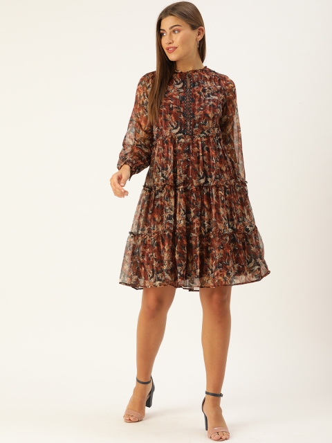 

AND Women Burgundy Floral Printed Tiered A-Line Dress with Embellished Detail