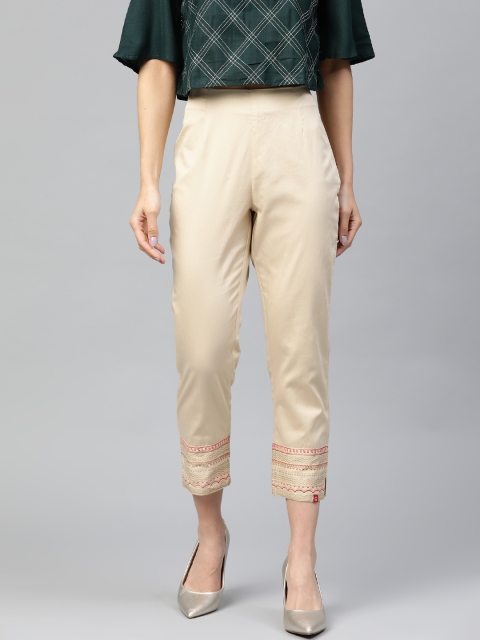 

Biba Women Beige Regular Fit Solid Cropped Pure Cotton Regular Trousers