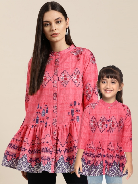 

Sangria Women Pink & Purple Ethnic Print Mandarin Collar Pure Cotton Longline Top