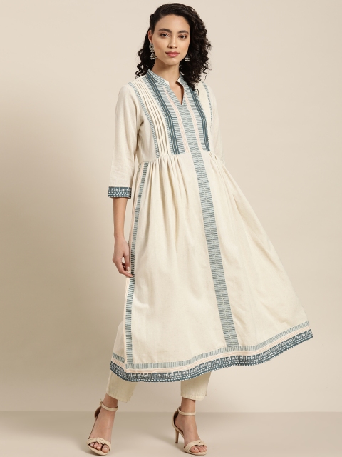 

Sangria Women Off-White & Blue Printed Detail A-Line Kurta