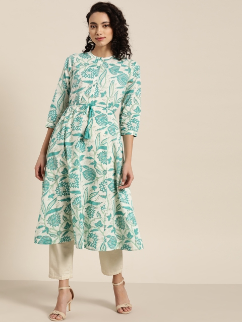 

Sangria Women Sea Green & White Pure Cotton Floral Print A-Line Kurta