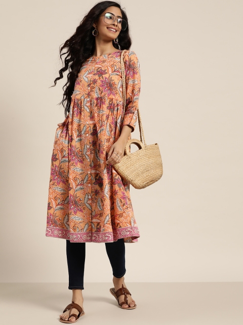 

Sangria Women Peach-Coloured & Pink Pure Cotton Printed A-Line Kurta