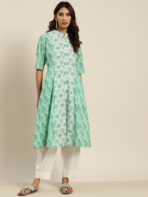 

Sangria Women Green & White Ethnic Print Pure Cotton A-Line Kurta