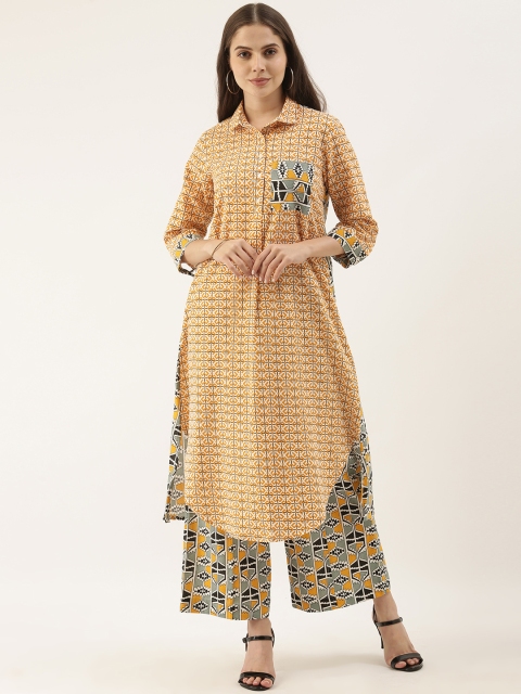 

Sangria Women Mustard Yellow Ethnic Motifs Printed Pure Cotton Kurta with Palazzos