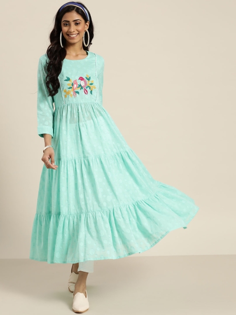 

Sangria Women Blue Geometric Pure Cotton Self Design Tiered Kurta