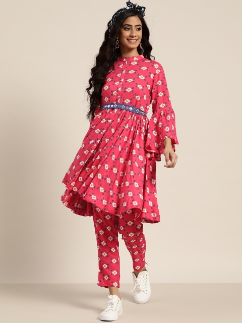 

Sangria Women Pink & White Printed Kurta with Trousers & Belt