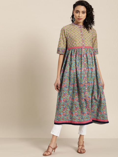 

Sangria Women Blue & Pink Pure Cotton Floral Print A-Line Kurta