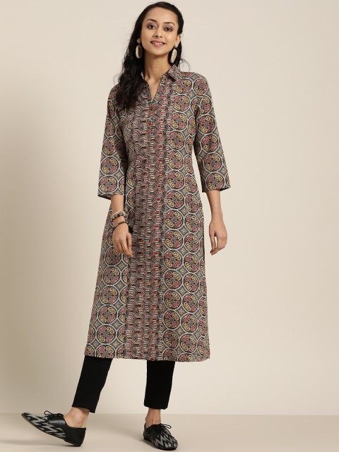 

Sangria Women Black & White Pure Cotton Printed A-Line Kurta