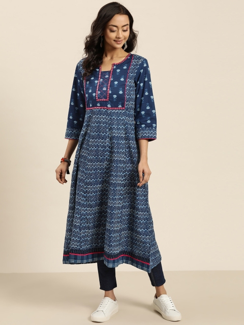 

Sangria Women Navy Blue & White Chevron Printed A-Line Kurta