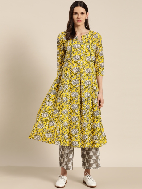 

Sangria Women Yellow & Grey Pure Cotton Printed Kurta with Palazzos