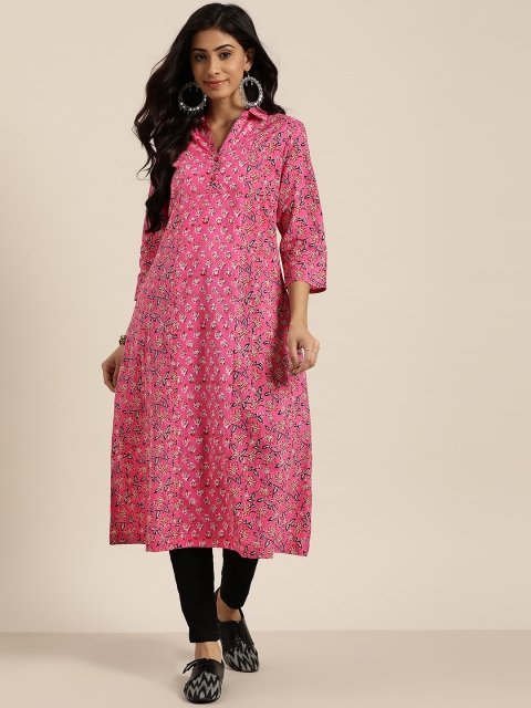 

Sangria Women Pink & Black Pure Cotton Ethnic Motifs Shirt Collar Printed A-Line Kurta