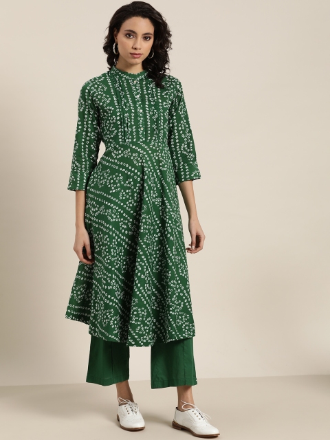 

Sangria Women Green & White Bandhani Pure Cotton Anarkali Kurta with Palazzos