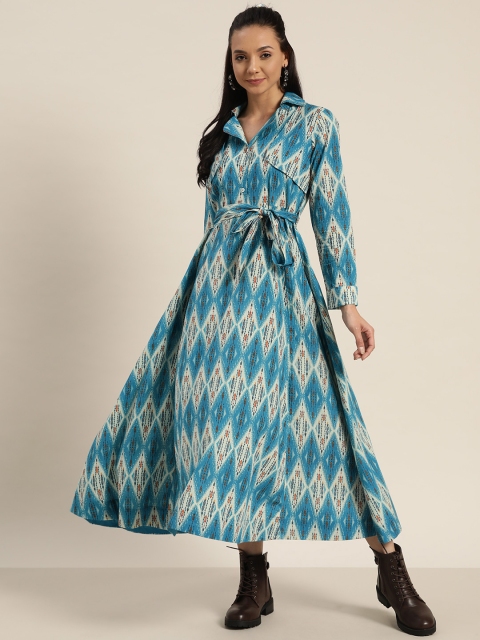 

Sangria Women Blue Printed Pure Cotton Maxi Dress With Belt