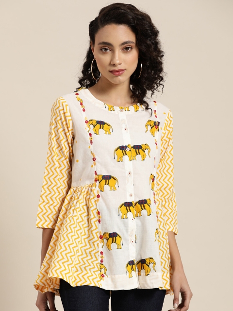 

Sangria Women White & Yellow Conversational Print Pure Cotton A-Line Top