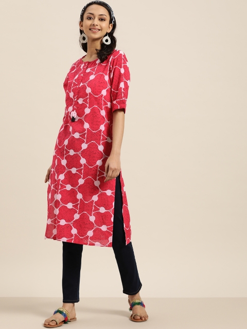 

Sangria Women Pink & White Quirky Printed Pure Cotton Kurta