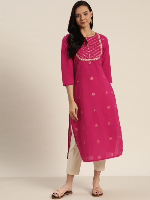 

Sangria Women Magenta & Golden Pure Cotton Zari Embroidered Straight Kurta