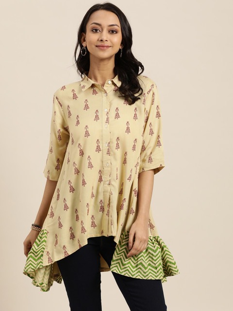 

Sangria Women Beige and Maroon Printed Asymmetric Shirt Style Top