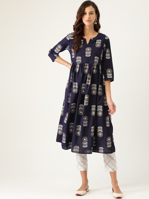

Sangria Women Navy Blue & White Printed Pleated Pure Cotton Kurta with Trousers