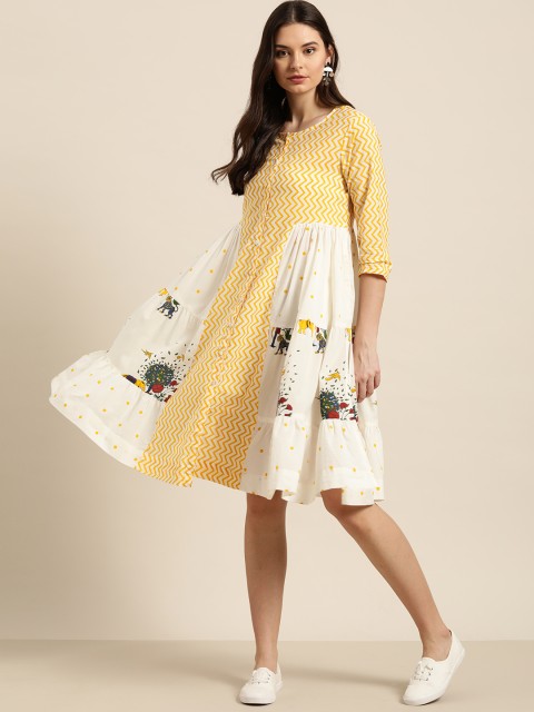 

Sangria Women White & Yellow Printed Pure Cotton Tiered A-Line Dress