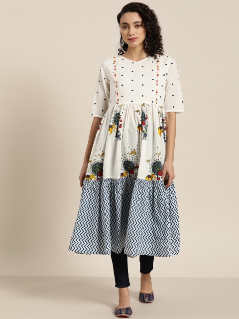 

Sangria Women White & Blue Pure Cotton Printed Tiered A-Line Kurta