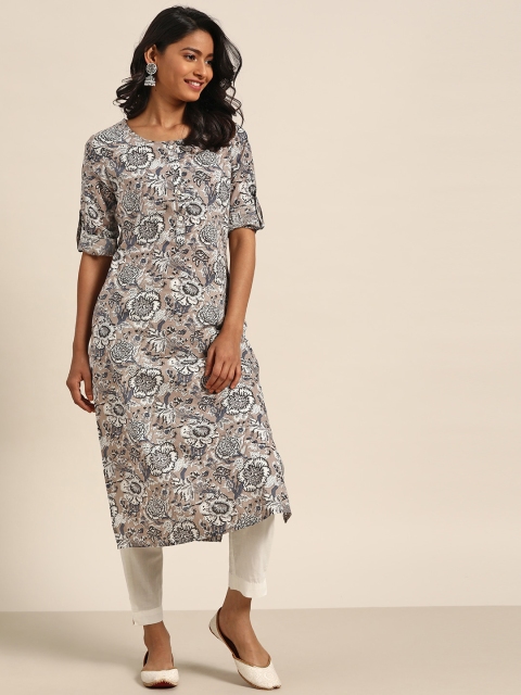 

Sangria Women Grey & White Ethnic Motifs Print Pure Cotton Kurta