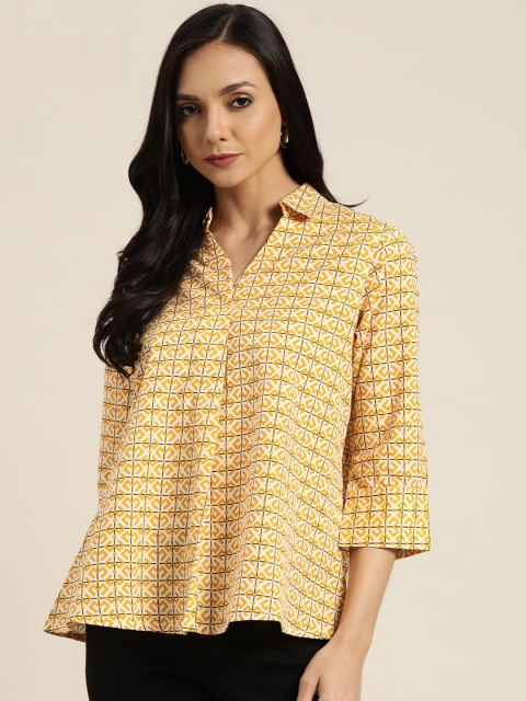 

Sangria Women Mustard Yellow & White Pure Cotton Printed A-Line Top