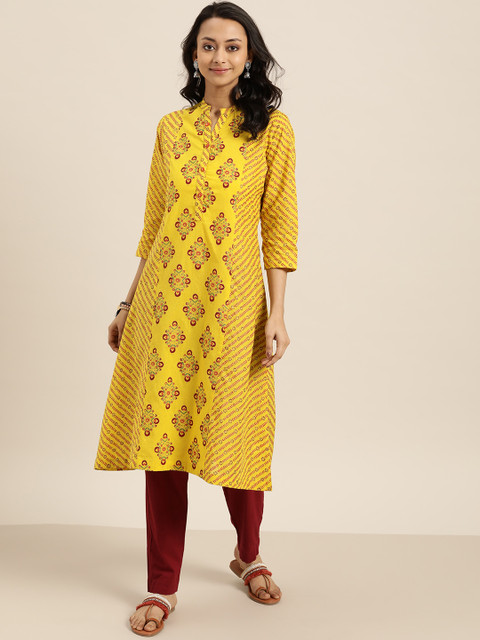 

Sangria Women Yellow & Red Ethnic Motifs Printed Pure Cotton A-Line Kurta