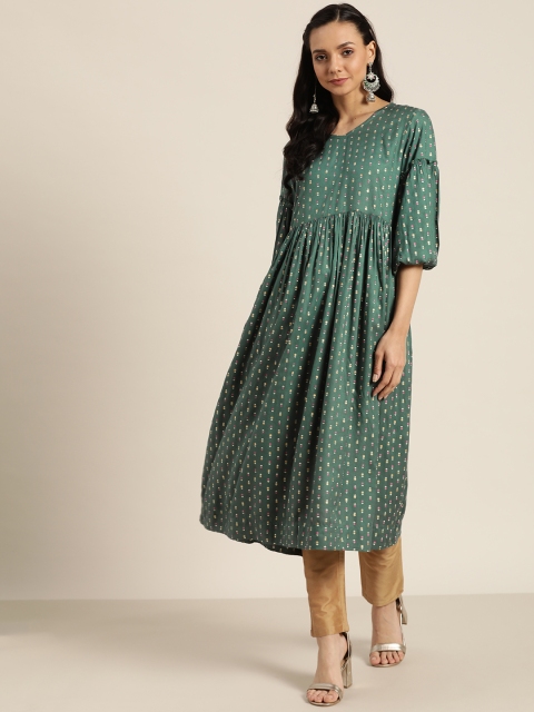 

Sangria Women Green & Golden Ethnic Print A-Line Kurta
