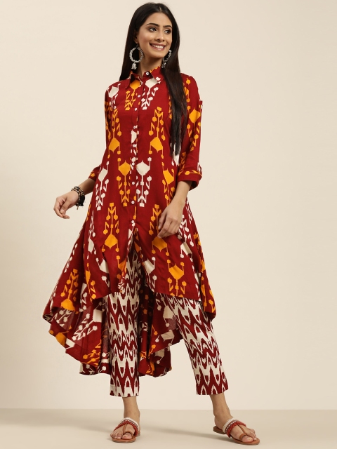 

Sangria Women Maroon & Mustard Yellow Printed Kurta with Trousers