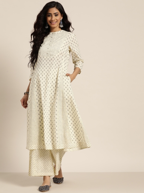 

Sangria Women Off-White & Grey Pure Cotton Printed Anarkali Kurta