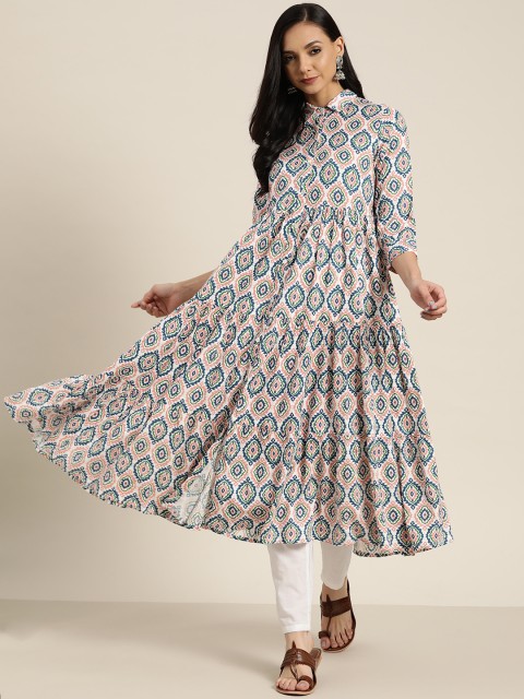 

Sangria Women White & Peach-Coloured Pure Cotton Printed Tiered Anarkali Kurta