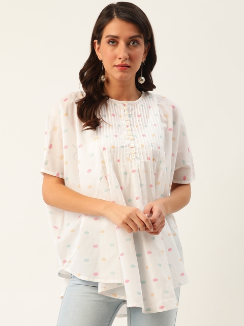 

Sangria Women White & Pink Polka Patterned A-Line Top