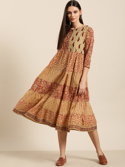 

Sangria Women Beige & Maroon Printed A-Line Tiered Dress