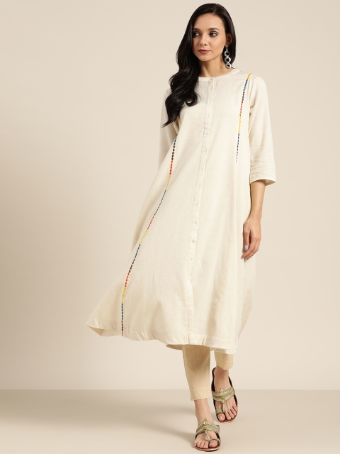 

Sangria Women Off-White Solid A-Line Kurta With Embroidered Detail