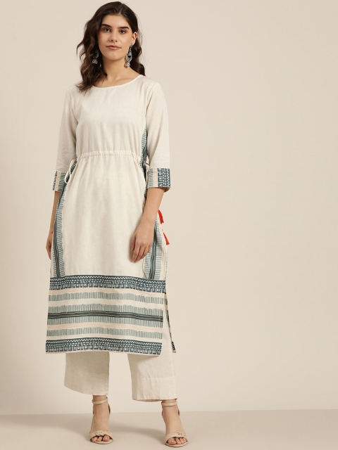 

Sangria Women Off-White & Blue Solid Straight Kurta