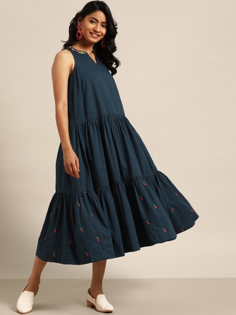 

Sangria Women Teal Blue Self Design Tiered Dress