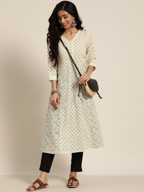 

Sangria Women Off-White & Grey Pure Cotton Printed A-Line Kurta
