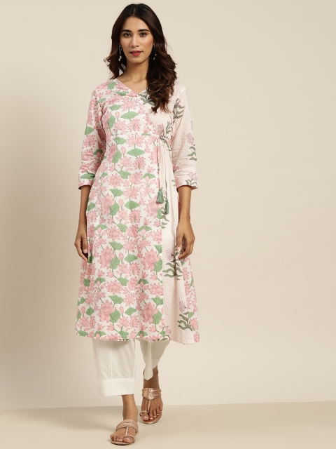 

Sangria Women White & Pink Floral Print Wrap Pure Cotton Angrakha Kurta