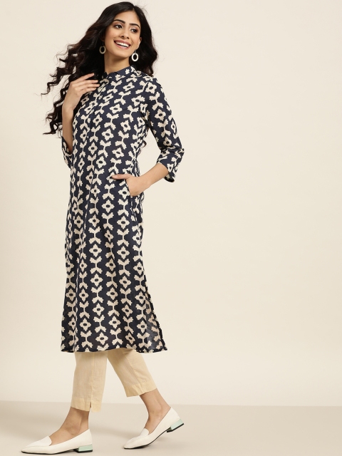 

Sangria Women Navy Blue & Off White Geometric Printed Cotton Indigo Kurta