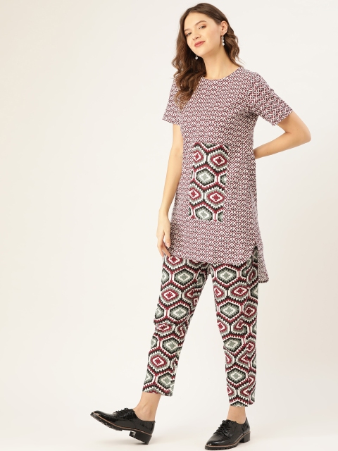 

Sangria Women Maroon & White Geometric Printed Pure Cotton Tunic with Trousers