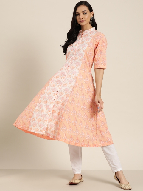 

Sangria Women Peach-Coloured & White Pure Cotton Printed Panelled Anarkali Kurta